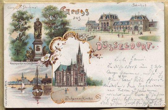 Vorschaubild Düsseldorf: Johanneskirche, Bahnhof, Cornelius-Denkmal. Postkarte Verlag F. Szesztokat, Köln, versendet 1897